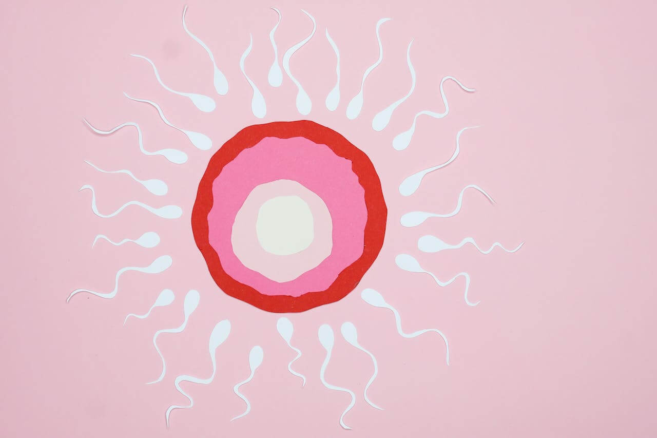 Illustration of white sperm cells swimming toward a central ovum